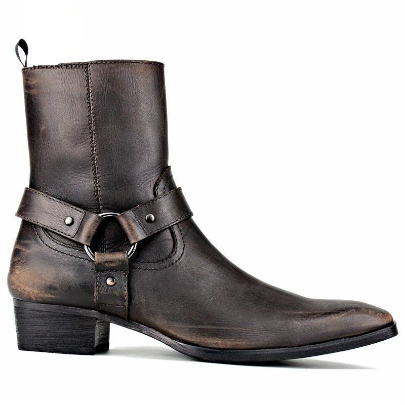 Bottes En Cuir Rétro Pour Hommes Nouveau Designer De Luxe Bout Pointu Sangle À Boucle - Café