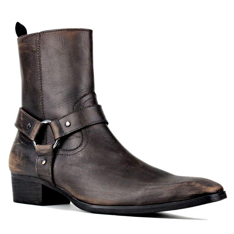 Bottes En Cuir Véritable Pour Hommes De Moto À Fermeture Éclair À La Cheville Chelsea Classiques En De Veau À Talons Hauts - Marron