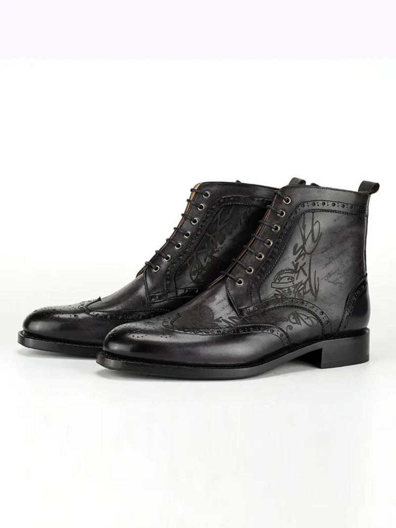 Bottes Habillées Pour Hommes En Cuir De Veau Pleine Fleur Style De Rue Chaussures Faites À La Main - Noir