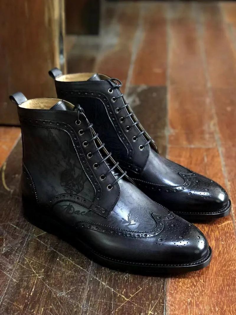 Bottes Habillées Pour Hommes En Cuir De Veau Pleine Fleur Style De Rue Chaussures Faites À La Main - Noir