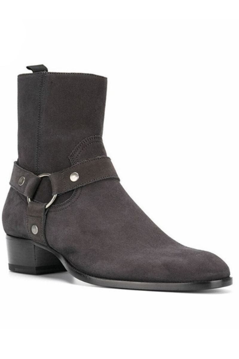 Bottes De Harnais Compensées En Cuir Suédé Gris Foncé Faites À La Main Chelsea À Bout Pointu Pour Hommes