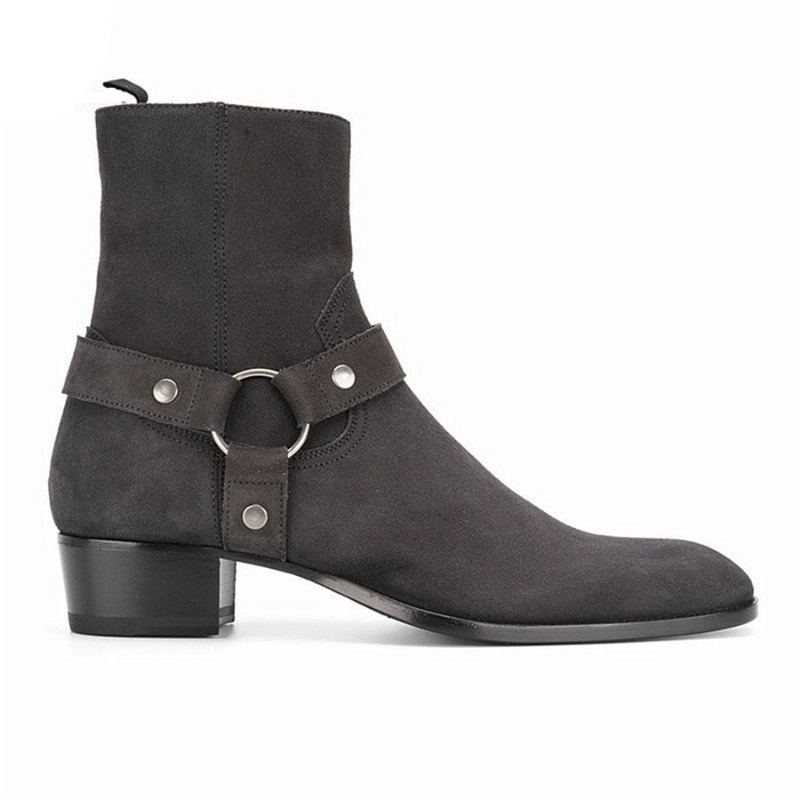 Bottes De Harnais Compensées En Cuir Suédé Gris Foncé Faites À La Main Chelsea À Bout Pointu Pour Hommes - Gris Foncé