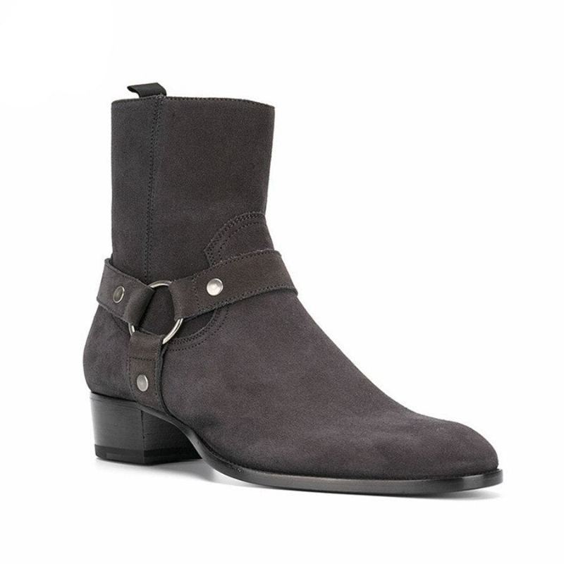 Bottes De Harnais Compensées En Cuir Suédé Gris Foncé Faites À La Main Chelsea À Bout Pointu Pour Hommes - Gris Foncé