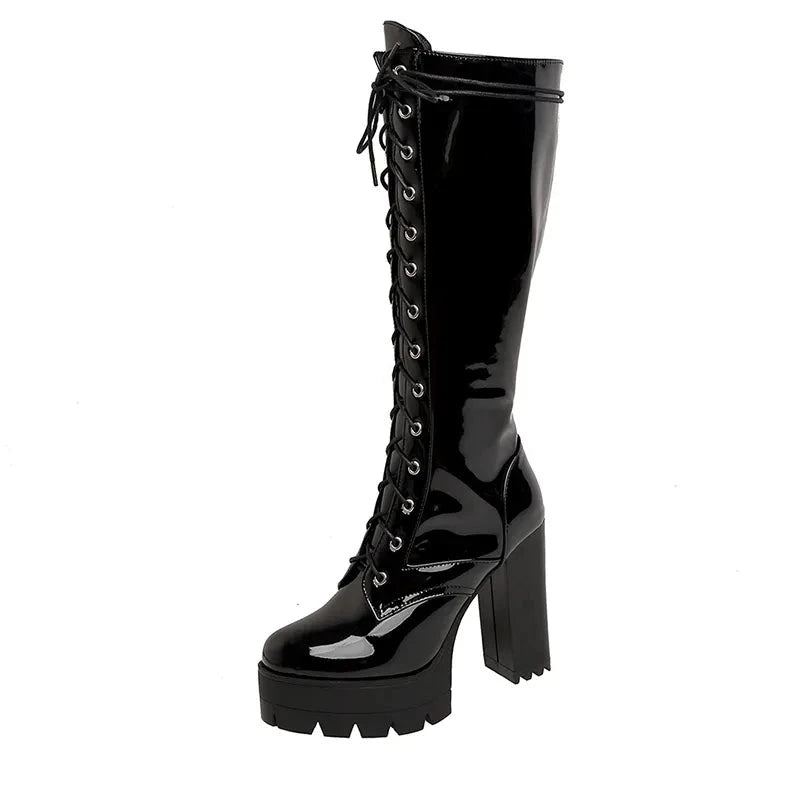 Bottes Hautes En Cuir Verni Blanc À Lacets Pour Femmes À Plateforme Talons Hauts Chaussures De Soirée En Boîte De Nuit - Noir