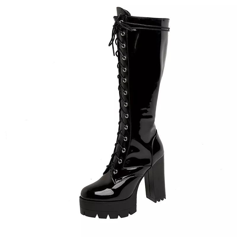 Bottes Hautes En Cuir Verni Blanc À Lacets Pour Femmes À Plateforme Talons Hauts Chaussures De Soirée En Boîte De Nuit - Noir