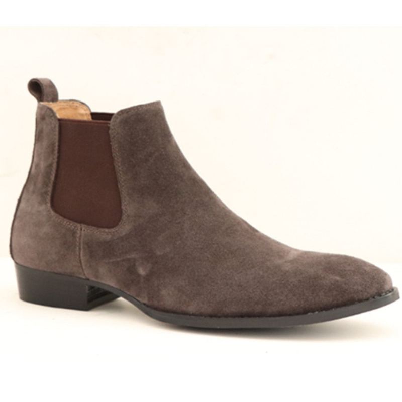 Bottes D'hiver Faites À La Main En Daim Pour Hommes Chaussures Slim Élastiques À Enfiler Décontractées À Bout En Cuir Véritable Bottines Chelsea - Noir