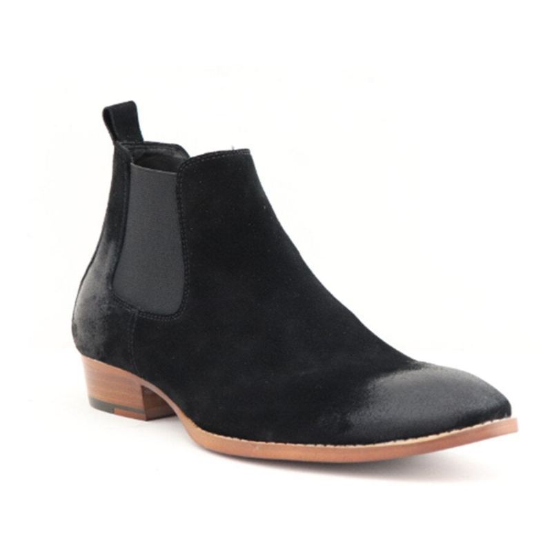 Bottes D'hiver Faites À La Main En Daim Pour Hommes Chaussures Slim Élastiques À Enfiler Décontractées À Bout En Cuir Véritable Bottines Chelsea - Noir