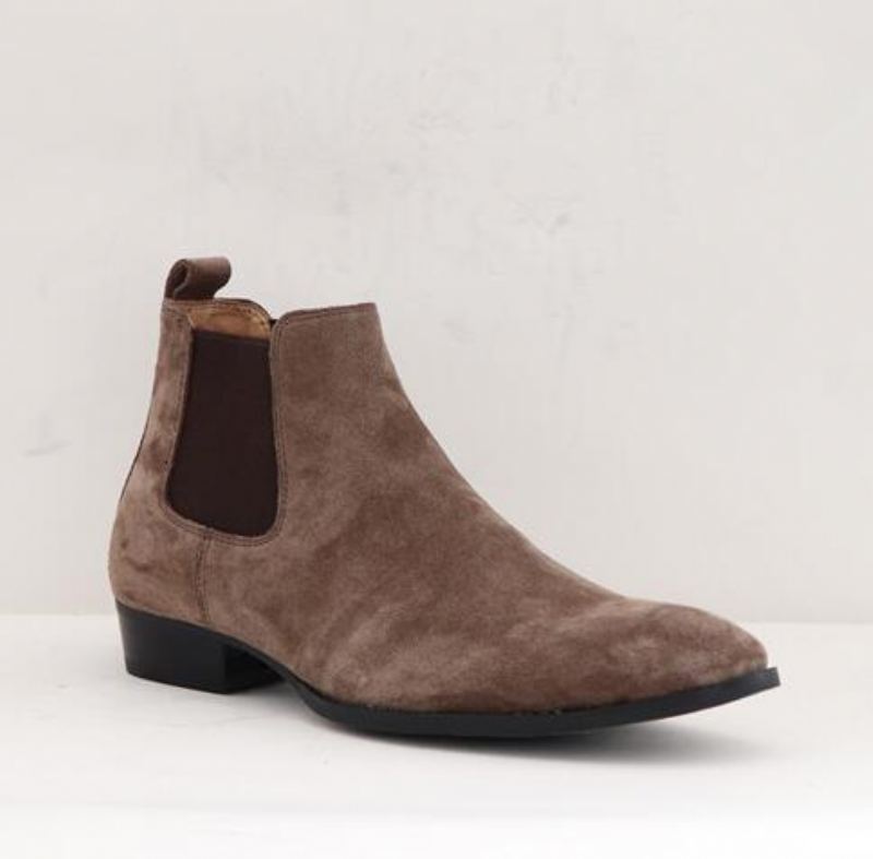 Bottes D'hiver Faites À La Main En Daim Pour Hommes Chaussures Slim Élastiques À Enfiler Décontractées À Bout En Cuir Véritable Bottines Chelsea - Noir