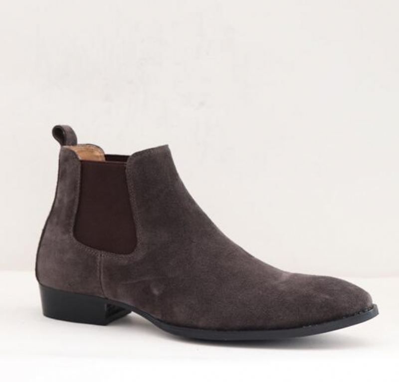 Bottes D'hiver Faites À La Main En Daim Pour Hommes Chaussures Slim Élastiques À Enfiler Décontractées À Bout En Cuir Véritable Bottines Chelsea - Noir