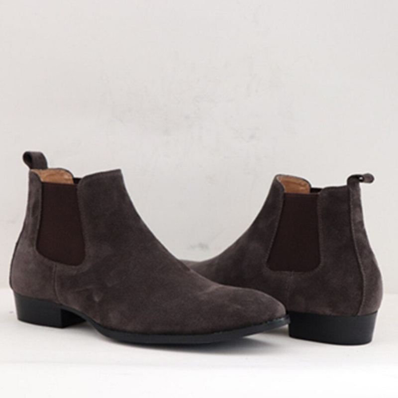 Bottes D'hiver Faites À La Main En Daim Pour Hommes Chaussures Slim Élastiques À Enfiler Décontractées À Bout En Cuir Véritable Bottines Chelsea - Noir