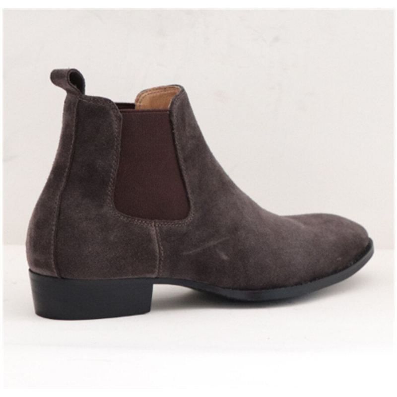 Bottes D'hiver Faites À La Main En Daim Pour Hommes Chaussures Slim Élastiques À Enfiler Décontractées À Bout En Cuir Véritable Bottines Chelsea - Noir