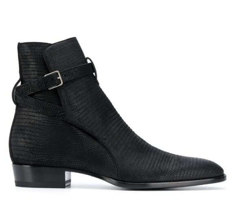 Bottes Homme De Luxe À Motif Lézard Bout Pointu Sangle À Boucle En Cuir Véritable - Noir