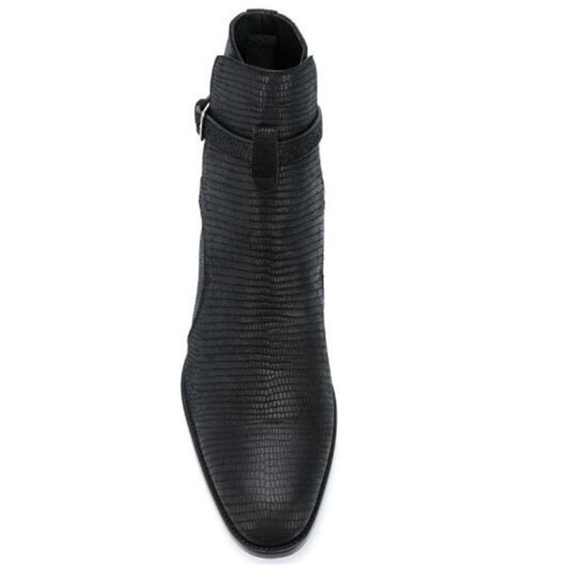 Bottes Homme De Luxe À Motif Lézard Bout Pointu Sangle À Boucle En Cuir Véritable - Noir