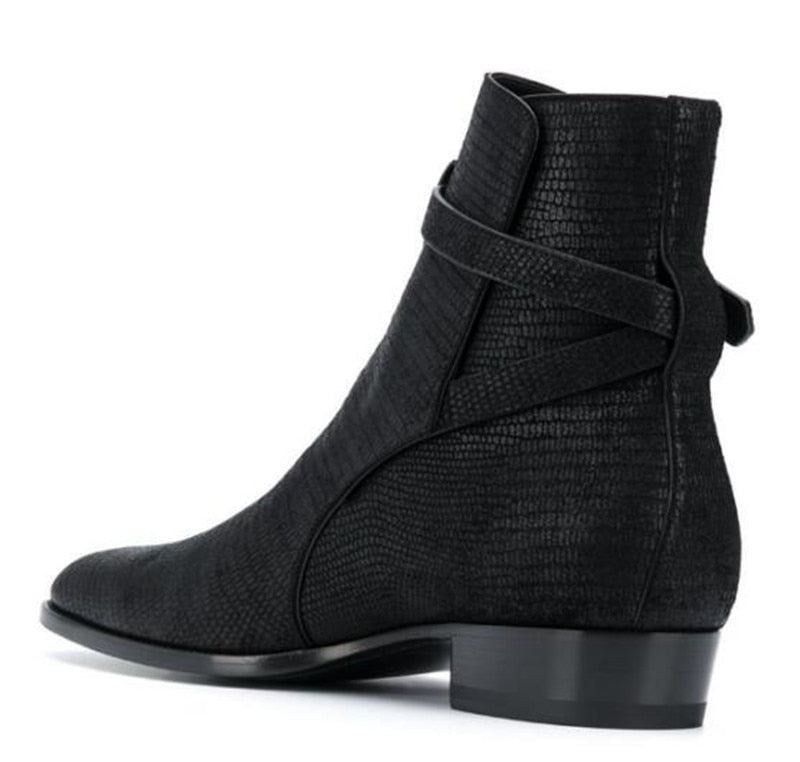 Bottes Homme De Luxe À Motif Lézard Bout Pointu Sangle À Boucle En Cuir Véritable - Noir