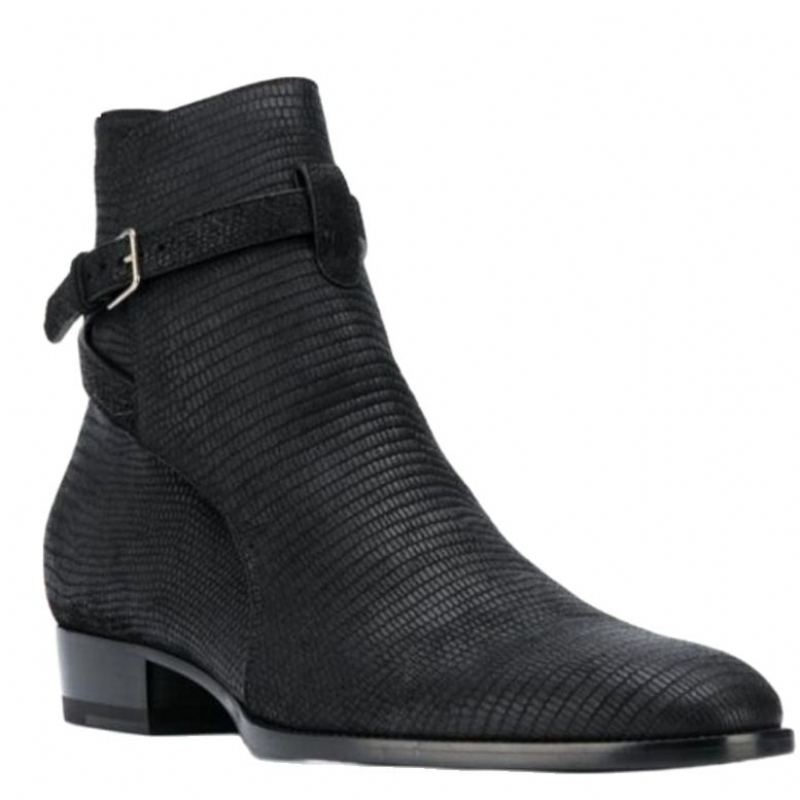 Bottes Homme De Luxe À Motif Lézard Bout Pointu Sangle À Boucle En Cuir Véritable - Noir