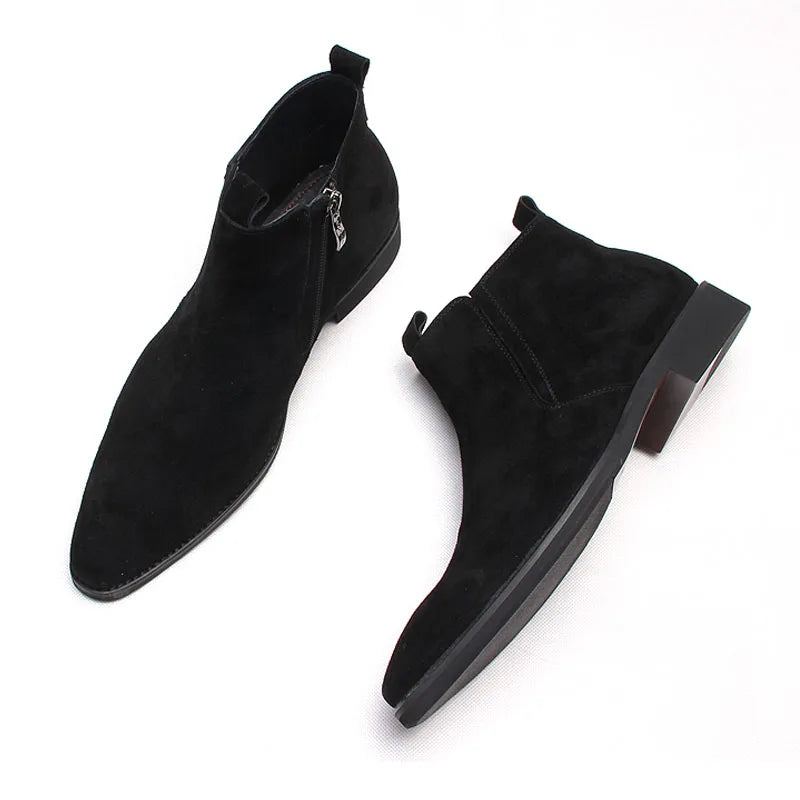 Bottes Hommes Chaussure D'hiver Véritable Cheville Robe Formelle Homme Botte Côté Fermeture Éclair Italie Chelsea - Noir