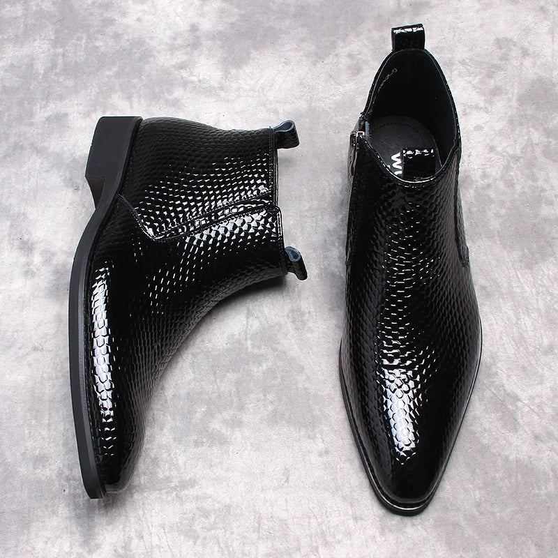 Bottes Hommes Chaussure D'hiver Véritable Cheville Robe Formelle Homme Botte Côté Fermeture Éclair Italie Chelsea - Noir