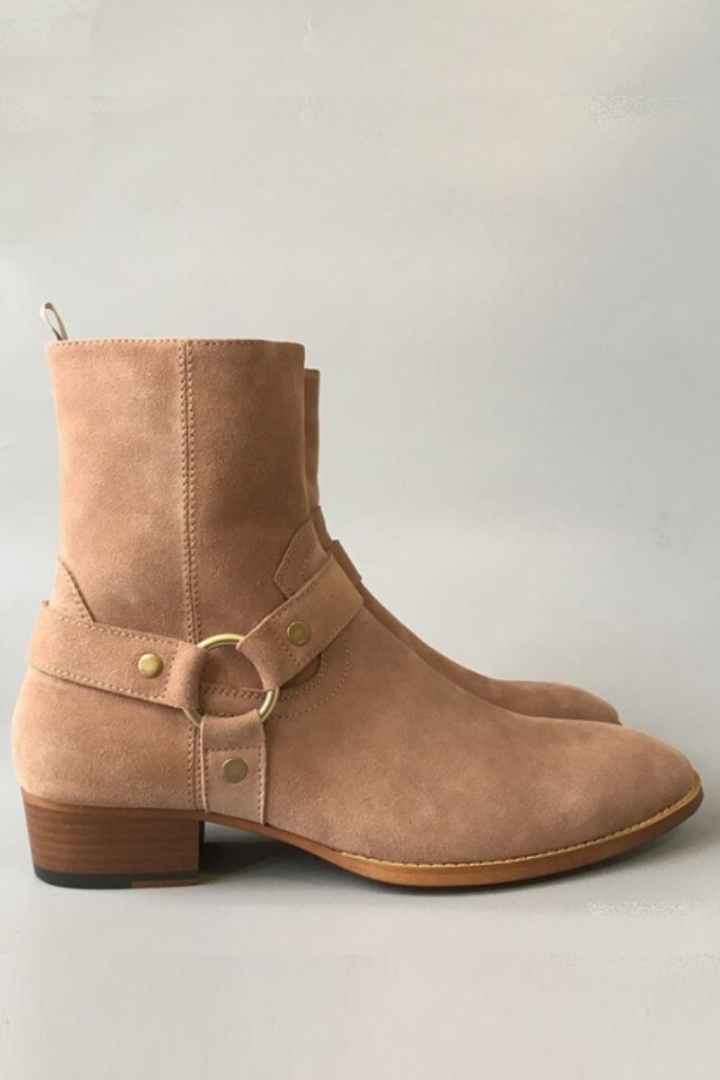 Bottes De Luxe En Daim Chelsea Pour Hommes Faites À La Main Haut De Gamme Avec Bride À La Cheville Marron Clair Catwalk À Moteur À Bout Pointu