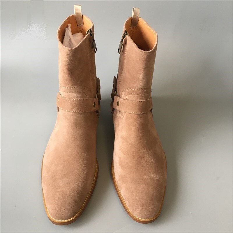 Bottes De Luxe En Daim Chelsea Pour Hommes Faites À La Main Haut De Gamme Avec Bride À La Cheville Marron Clair Catwalk À Moteur À Bout Pointu - Beige