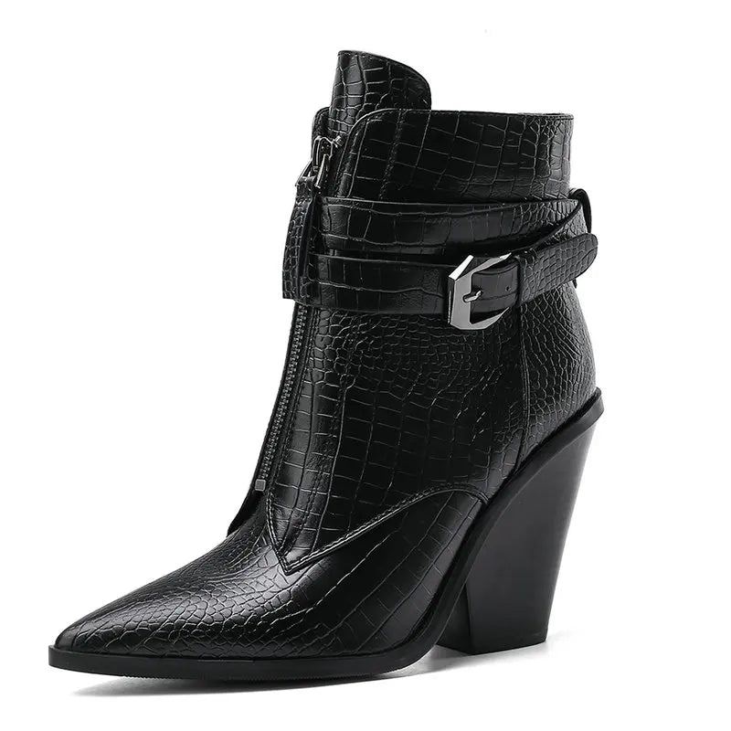 Bottes Occidentales À Talons Hauts Pour Femmes Bottines De Moto Avec Boucle Et Fermeture Éclair D'automne Et D'hiver - Noir