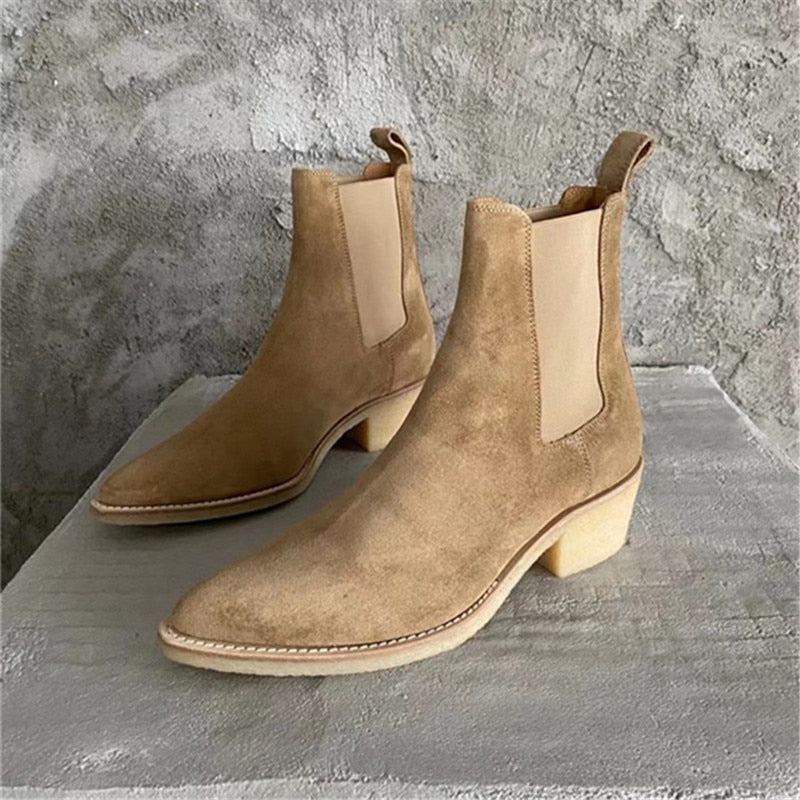 Bottes À Semelle En Cuir Suédé Faites À La Main Pour Hommes À Talons Hauts Du Désert - Gris