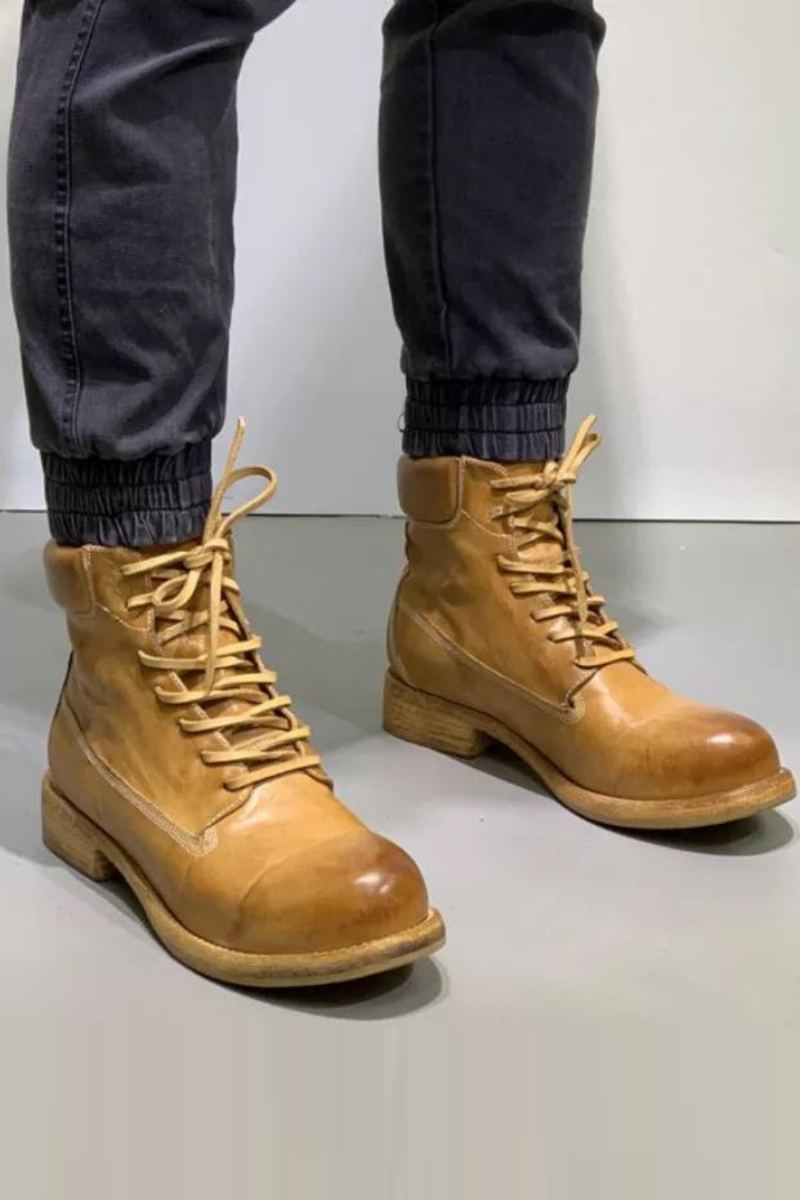 Bottes De Travail Rétro Pour Hommes Chaussures Montantes En Cuir Véritable De Moto Décontractées Faites À La Main