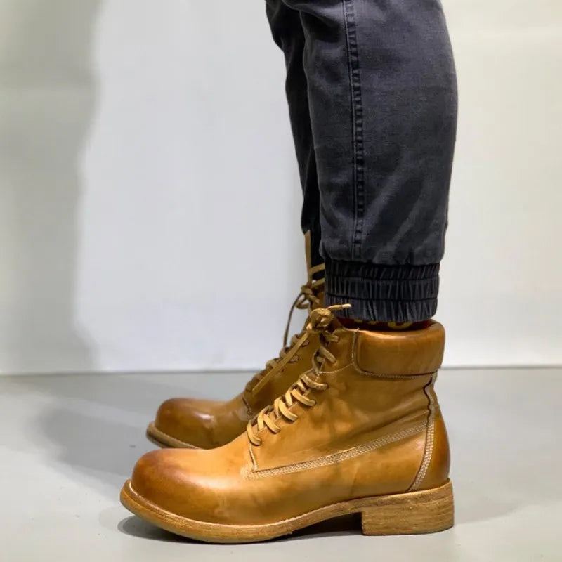 Bottes De Travail Rétro Pour Hommes Chaussures Montantes En Cuir Véritable De Moto Décontractées Faites À La Main - Marron