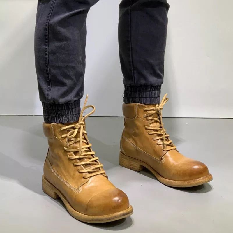 Bottes De Travail Rétro Pour Hommes Chaussures Montantes En Cuir Véritable De Moto Décontractées Faites À La Main - Marron