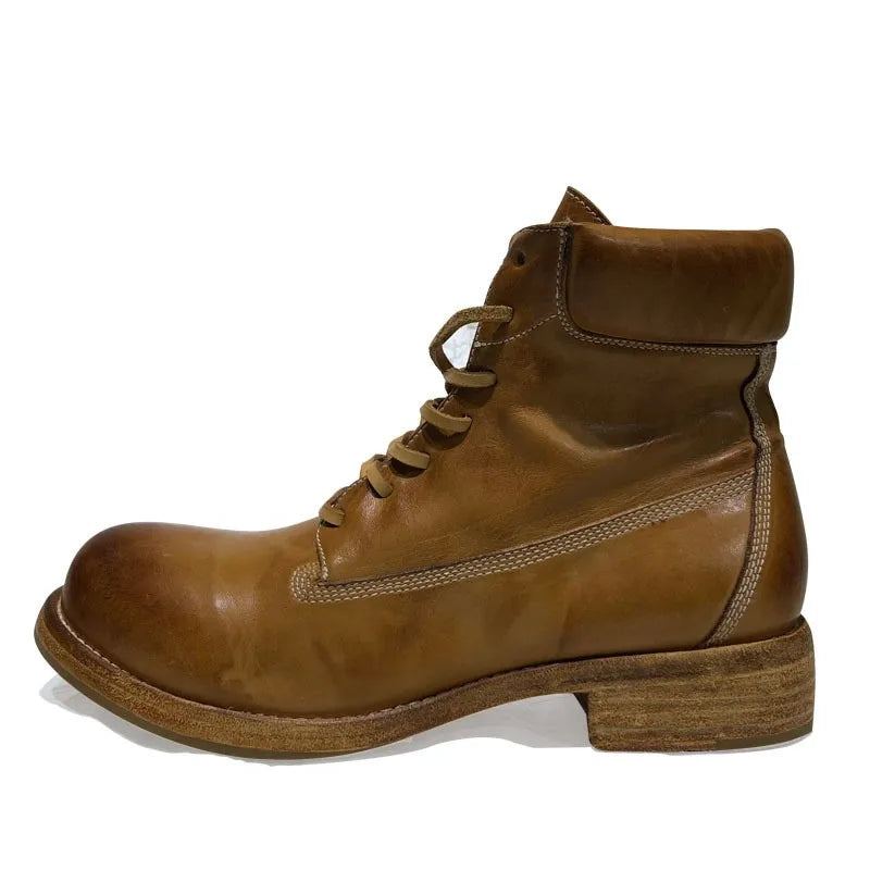 Bottes De Travail Rétro Pour Hommes Chaussures Montantes En Cuir Véritable De Moto Décontractées Faites À La Main - Marron