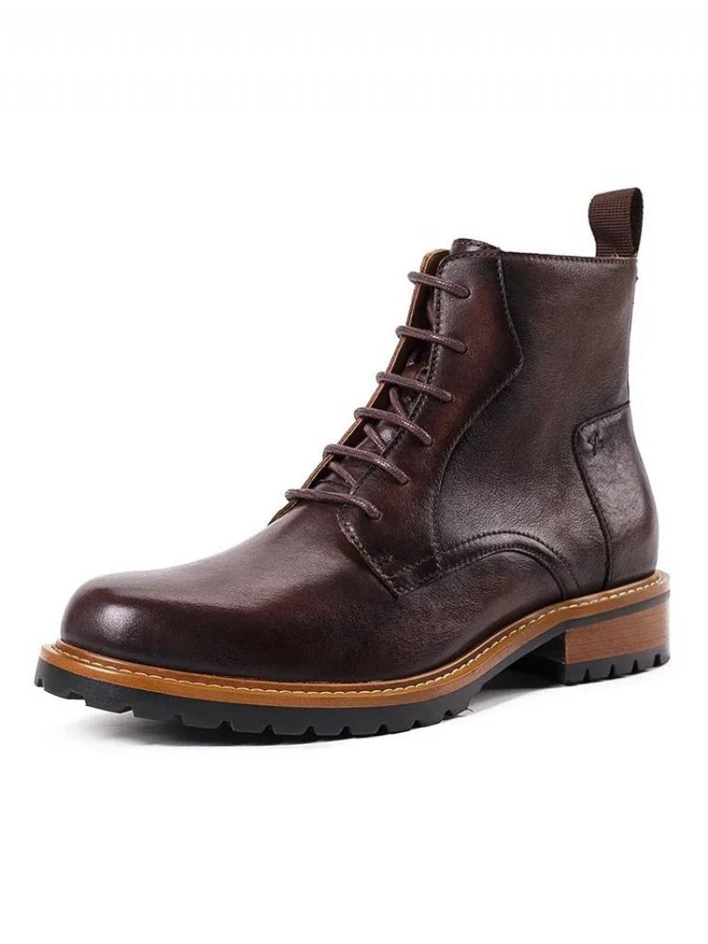 Bottines De Base Pour Hommes Britanniques D'hiver Avec Fourrure Chaudes Décontractées À Lacets En Cuir Véritable Faites À La Main Rétro - Café