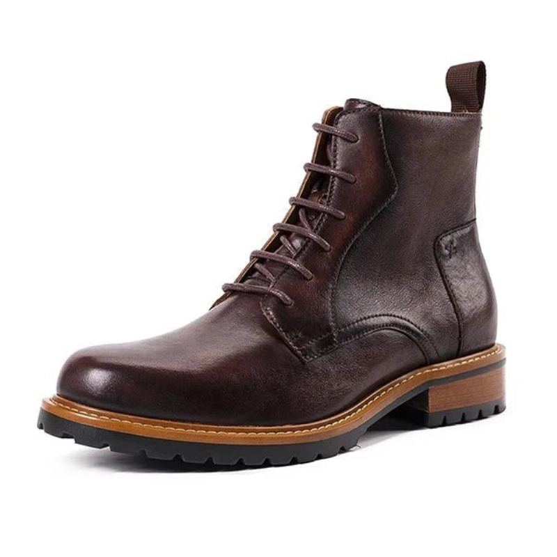 Bottines De Base Pour Hommes Britanniques D'hiver Avec Fourrure Chaudes Décontractées À Lacets En Cuir Véritable Faites À La Main Rétro - Café