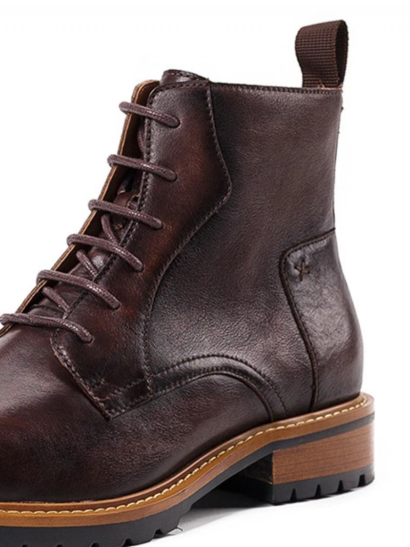 Bottines De Base Pour Hommes Britanniques D'hiver Avec Fourrure Chaudes Décontractées À Lacets En Cuir Véritable Faites À La Main Rétro - Café