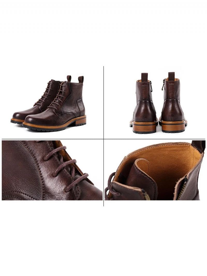 Bottines De Base Pour Hommes Britanniques D'hiver Avec Fourrure Chaudes Décontractées À Lacets En Cuir Véritable Faites À La Main Rétro - Café