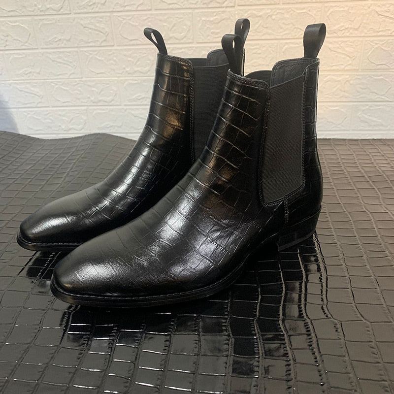 Bottines Chelsea Compensées Exclusives À Enfiler À Motif Paris Stone En Cuir Faites À La Main - Noir