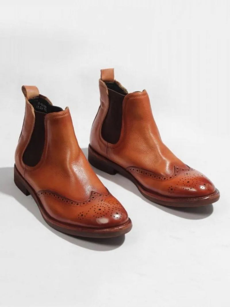 Bottines Chelsea En Cuir Véritable Pour Hommes Chaussures Hautes À Enfiler Bout Rond Style Britannique De Bureau - Marron