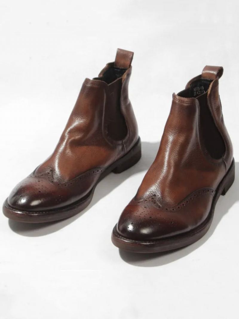 Bottines Chelsea En Cuir Véritable Pour Hommes Chaussures Hautes À Enfiler Bout Rond Style Britannique De Bureau - Marron