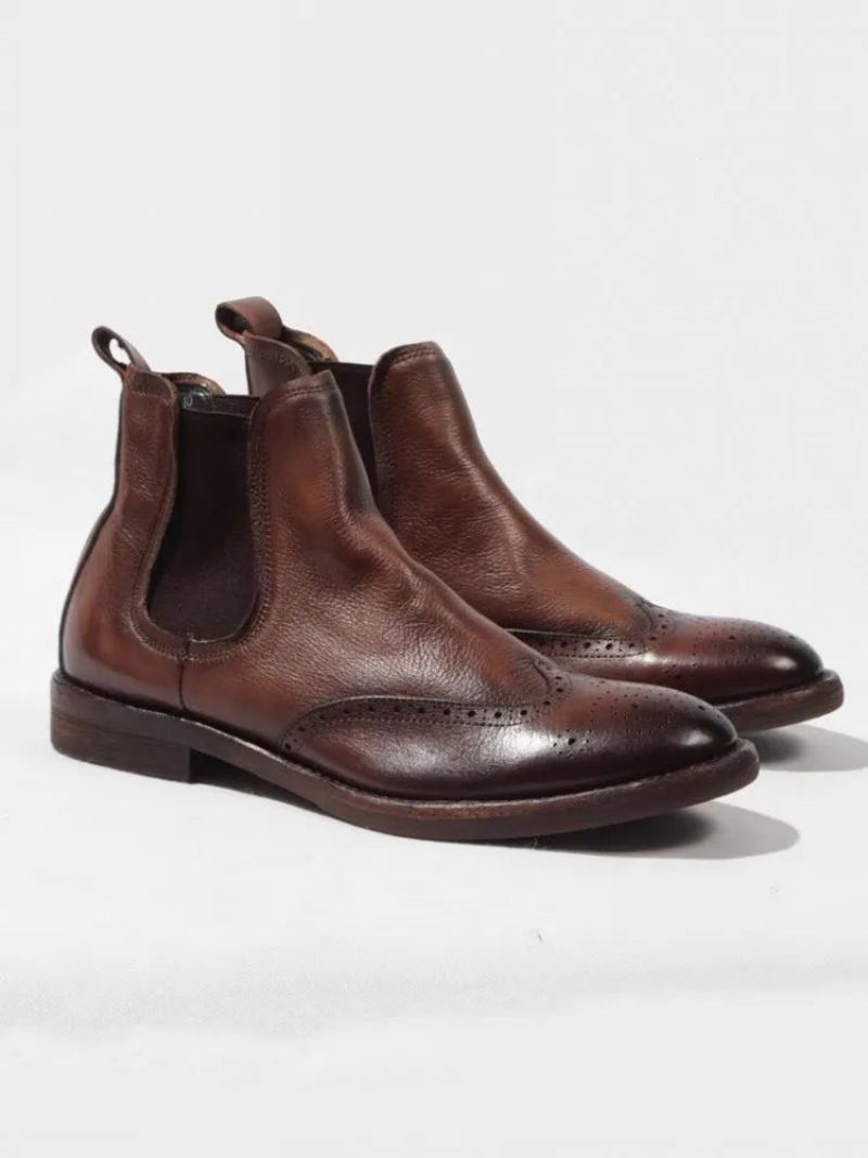 Bottines Chelsea En Cuir Véritable Pour Hommes Chaussures Hautes À Enfiler Bout Rond Style Britannique De Bureau - Marron