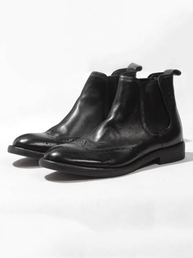 Bottines Chelsea En Cuir Véritable Pour Hommes Chaussures Hautes À Enfiler Bout Rond Style Britannique De Bureau - Marron