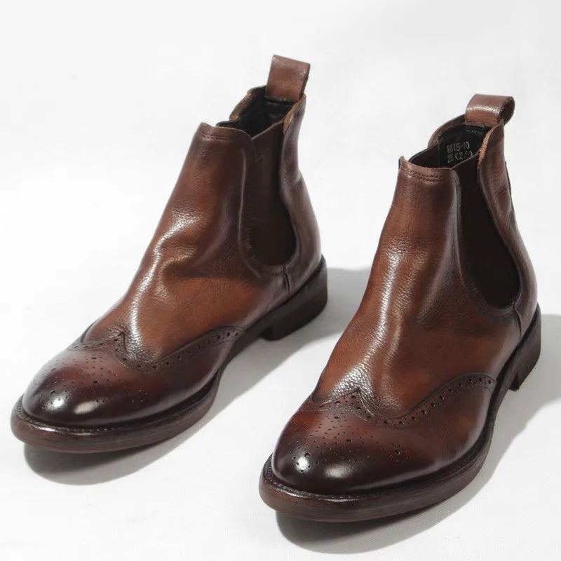 Bottines Chelsea En Cuir Véritable Pour Hommes Chaussures Hautes À Enfiler Bout Rond Style Britannique De Bureau - Marron