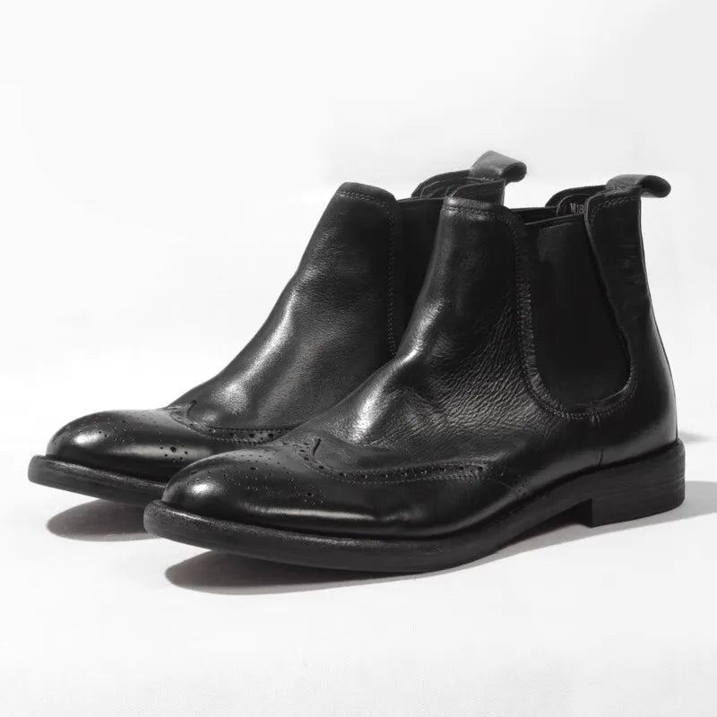 Bottines Chelsea En Cuir Véritable Pour Hommes Chaussures Hautes À Enfiler Bout Rond Style Britannique De Bureau - Marron