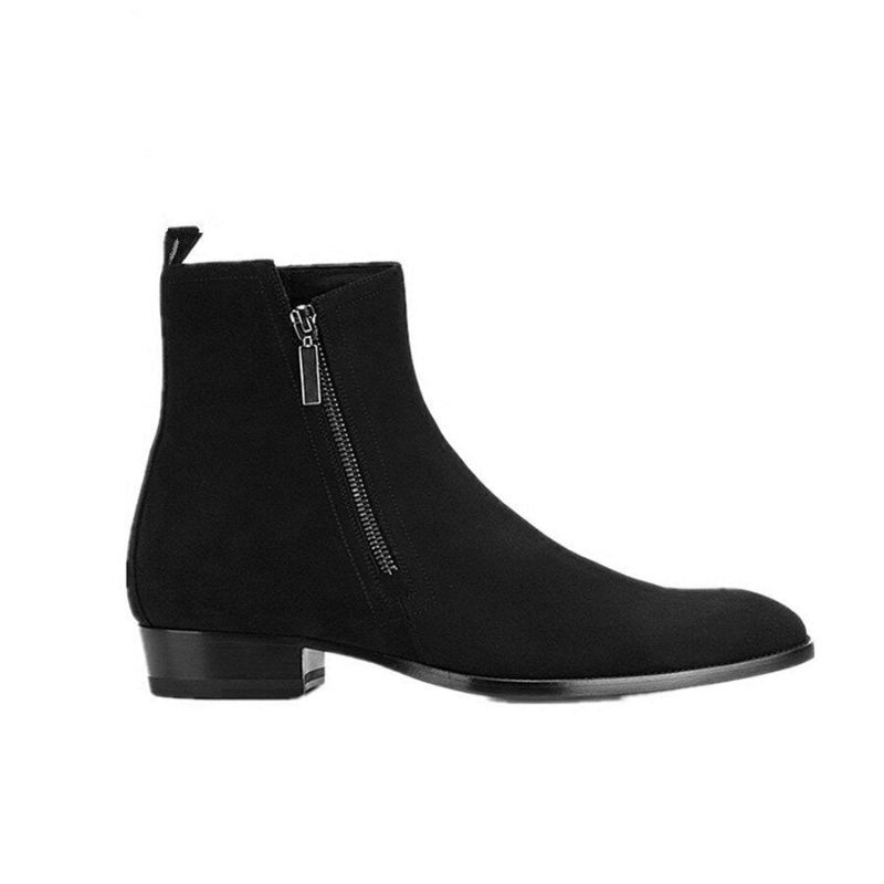 Bottines Chelsea En Denim Personnalisées Exclusives Pour Hommes Fermeture Éclair Bout Pointu Cuir Véritable - Noir