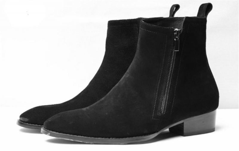 Bottines Chelsea En Denim Personnalisées Exclusives Pour Hommes Fermeture Éclair Bout Pointu Cuir Véritable - Noir