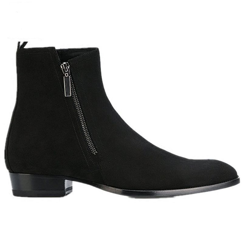 Bottines Chelsea En Denim Personnalisées Exclusives Pour Hommes Fermeture Éclair Bout Pointu Cuir Véritable - Noir