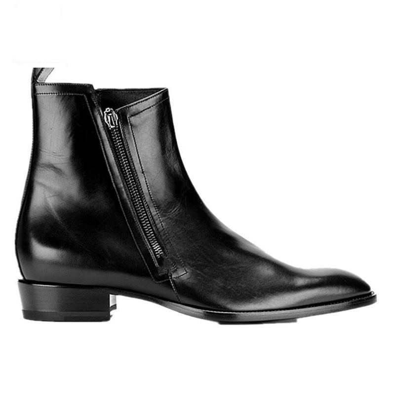 Bottines Chelsea En Denim Personnalisées Exclusives Pour Hommes Fermeture Éclair Bout Pointu Cuir Véritable - Noir