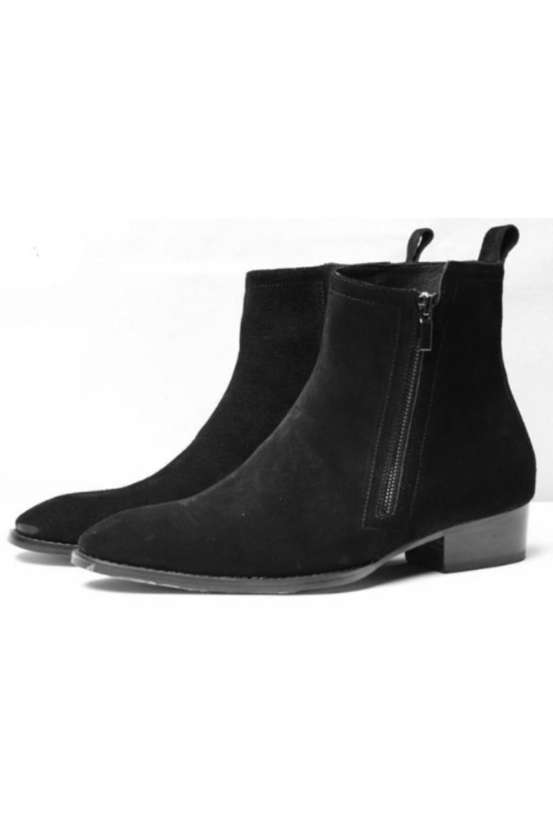 Bottines Chelsea En Denim Personnalisées Exclusives Pour Hommes Fermeture Éclair Bout Pointu Cuir Véritable - Noir