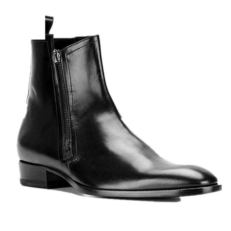 Bottines Chelsea En Denim Personnalisées Exclusives Pour Hommes Fermeture Éclair Bout Pointu Cuir Véritable - Noir