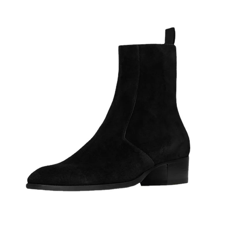 Bottines Chelsea Pour Hommes Faites À La Main À Bout Pointu Et À Talon Moyen Avec Fermeture Éclair - Noir