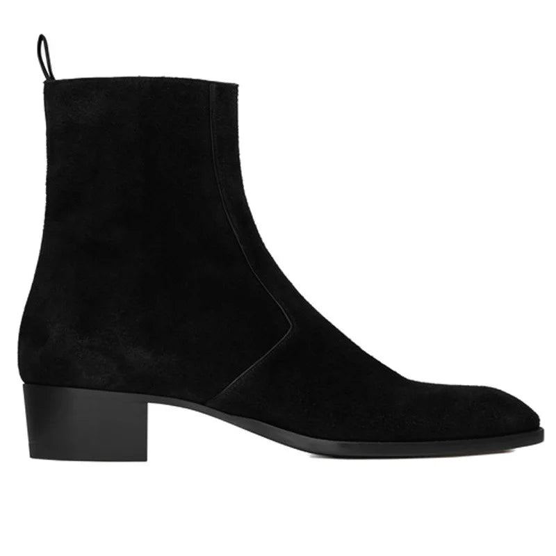 Bottines Chelsea Pour Hommes Faites À La Main À Bout Pointu Et À Talon Moyen Avec Fermeture Éclair - Noir