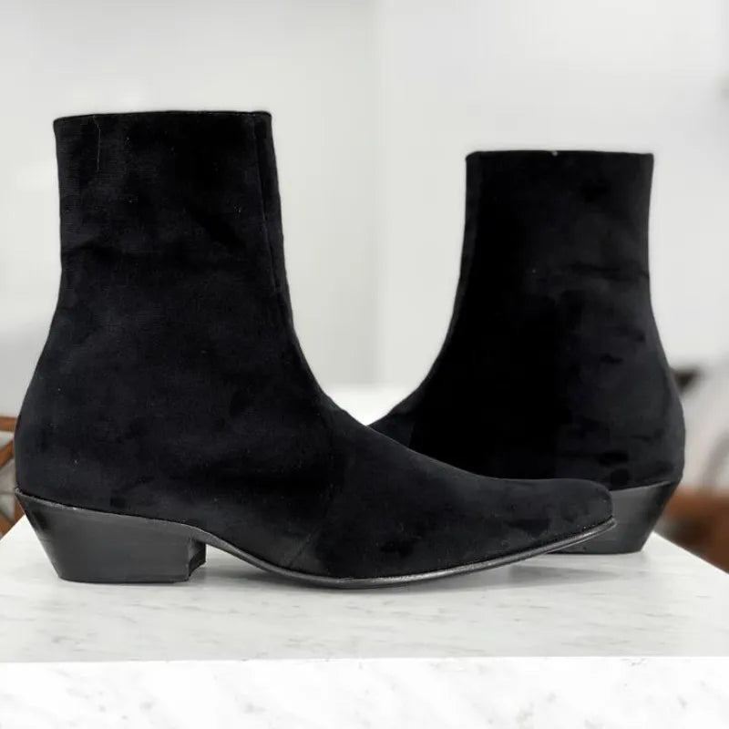 Bottines Chelsea Pour Hommes Faites À La Main À Bout Pointu Et À Talon Moyen Avec Fermeture Éclair - Noir