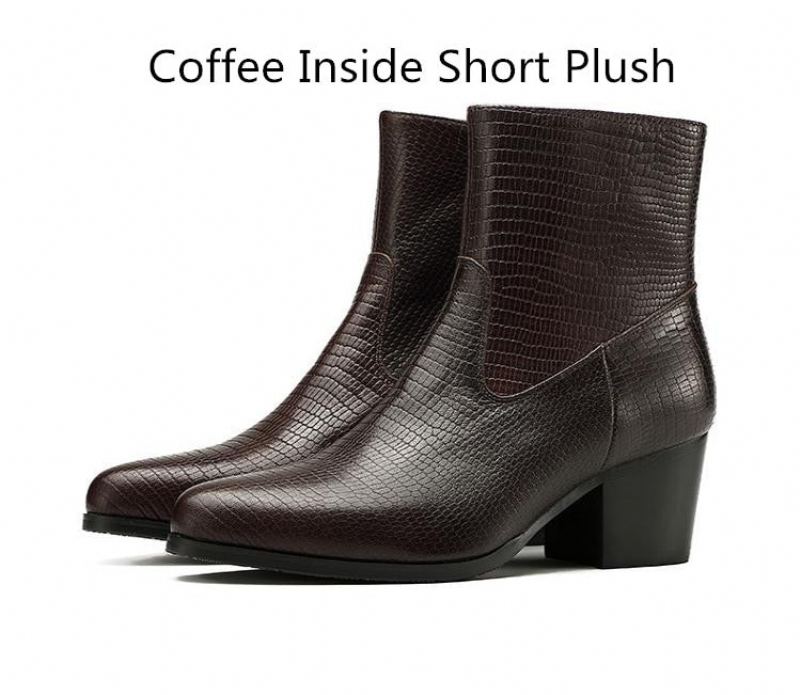 Bottines Chelsea À Talons Hauts Pour Hommes En Cuir Gaufré De Qualité Tendance Automne Et Hiver - Café À L'Intérieur Du Cuir 